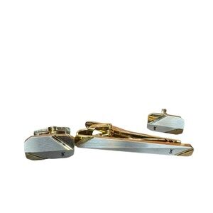 YSL Gold and Silver Tie Clip and Cufflinks Set